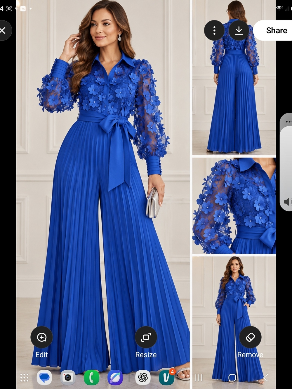 Cobalt Blue Floral-Appliqué Pleated Wide-Leg Jumpsuit